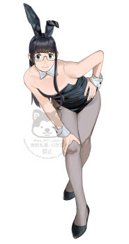 1girl absurdres animal_ear_hairband animal_ears black_hair black_leotard commentary_request detached_collar fake_animal_ears full_body glasses green_eyes grey_pantyhose hairband hand_on_own_hip hand_on_own_thigh highres kantai_collection leaning_forward leotard long_hair ojipon ooyodo_(kancolle) pantyhose playboy_bunny rabbit_ears simple_background smile solo strapless strapless_leotard watermark white_background wrist_cuffs