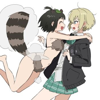 2girls :d animal_ears arashiyama_hotori arms_around_neck black_hair black_jacket blonde_hair blue_eyes blush bow bowtie closed_eyes commentary_request fang from_side green_bow green_bowtie green_skirt hands_up highres hood hood_down hooded_jacket jacket kon_futaba korean_commentary leaf long_sleeves multiple_girls navel open_clothes open_jacket open_mouth pleated_skirt raccoon_ears raccoon_girl raccoon_tail shirt shiryoku_kensa short_hair skirt smile soredemo_machi_wa_mawatteiru sweatdrop tail white_background white_shirt