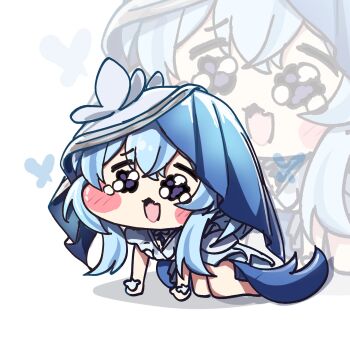 Rule 34 | 1girl, absurdres, all fours, blue hair, blue veil, blush stickers, chibi, chibi only, commentary, flareza, highres, open mouth, purple eyes, shorekeeper (wuthering waves), tearing up, trickcal, two-tone veil, veil, white background, white veil, wuthering waves, zoom layer