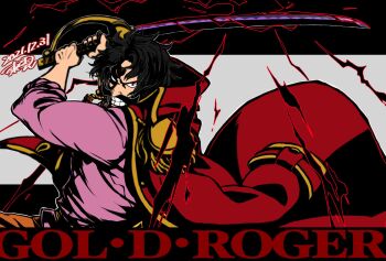 1boy bad_id bad_twitter_id black_hair character_name clenched_teeth coat collared_coat dated epaulettes facial_hair gol_d._roger haki_(one_piece) highres holding holding_sword holding_weapon incoming_attack male_focus mustache one_piece pink_shirt red_coat shinonome_(7566ani) shirt short_hair smile solo sword teeth weapon