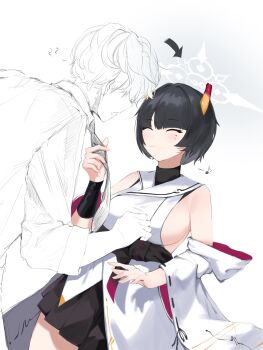 1boy 1girl absurdres blue_archive broken_horn clothes_grab detached_sleeves halo highres horns japanese_clothes kimono mole mole_under_eye musical_note necktie neckwear_grab niya_(blue_archive) pleated_skirt plentyofempty sensei_(blue_archive) short_hair skirt sleeveless sleeveless_kimono sleeves_rolled_up white_kimono wide_sleeves