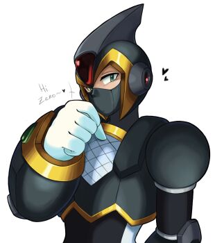 1boy android animemaster armor black_armor black_helmet black_mask commentary covered_mouth english_commentary forehead_jewel gloves green_eyes heart helmet highres kuji-in male_focus mask mega_man_(series) mega_man_x_(series) mouth_mask ninja ninja_mask robot robot_ears shadow_armor_x_(mega_man) simple_background solo upper_body white_background white_gloves x_(mega_man)