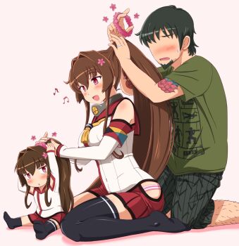 10s 1boy 2girls :d adjusting_another's_hair artist_self-insert asymmetrical_legwear bad_id bad_pixiv_id beamed_quavers beard black_hair black_legwear blush breasts brown_hair commentary_request faceless faceless_male facial_hair flower gradient_background hair_flower hair_ornament highres kantai_collection kneeling ko-yamato large_breasts long_hair miniskirt multiple_girls musical_note open_mouth panties pink_eyes ponytail quaver red_skirt shin'en-san_(shin'en) shin'en_(gyokuro_company) short_hair sitting skirt smile striped_clothes striped_panties thighhighs underwear uneven_legwear very_long_hair wariza yamato_(kancolle)