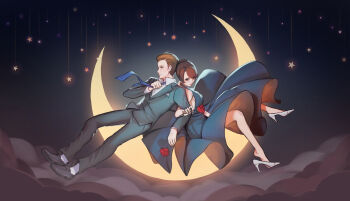 Rule 34 | 1boy, 1girl, absurdres, black dress, black footwear, black suit, blue neckwear, braid, brown hair, cloud, crescent moon, dress, flower, formal clothes, hetero, high heels, highres, jiankun yu, la la land, mia (la la land), moon, necktie, night, rose, sebastian (la la land), sky, smile, socks, star (symbol), suit, white footwear