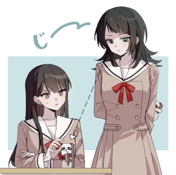 2girls arm_behind_back bang_dream! bang_dream!_it's_mygo!!!!! black_hair blue_eyes brown_dress chinese_commentary closed_mouth commentary_request dress drink_carton holding holding_milk_carton icejiangyusky long_hair long_sleeves medium_hair milk_carton mole mole_under_eye multiple_girls neck_ribbon open_mouth pleated_dress purple_eyes red_ribbon ribbon sailor_collar sailor_dress shiina_taki sitting standing staring white_sailor_collar yahata_umiri