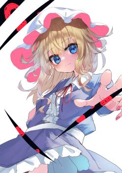 1girl absurdres blonde_hair blue_eyes closed_mouth collared_dress contrast_collar dress dress_ribbon frilled_dress frills gap_(touhou) hair_between_eyes hat highres lace looking_at_viewer maribel_hearn medium_hair mob_cap muraryo one-hour_drawing_challenge pink_nails purple_dress reaching reaching_towards_viewer red_ribbon ribbon short_sleeves simple_background solo touhou white_background white_hat