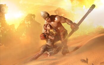 abs absurdres burn_scar desert enslaved:_odyssey_to_the_west facepaint fingerless_gloves gauntlets gloves highres holding holding_staff lito_perezito mecha monkey_(enslaved:_odyssey_to_the_west) no_shirt no_shoes red_hair robot sand scar staff sun trip_(enslaved:_odyssey_to_the_west) white_hair