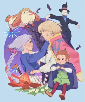 1girl 2boys argyle_clothes argyle_jacket black_hat black_jacket black_pants black_suit blonde_hair blue_bow blue_bowtie blue_cloak blue_dress blue_eyes bob_cut bow bowtie braid breasts brown_eyes brown_hair brown_shoes calcifer child cloak closed_mouth couple dog dress earrings falling_feathers feathers fire flower formal_clothes gloves gold_trim green_shorts green_vest grey_hair grin hair_bow hand_on_another&#039;s_cheek hand_on_another&#039;s_face hat heen hetero highres hood hood_down hooded_cloak howl_no_ugoku_shiro howl_pendragon jacket jacket_on_shoulders jewelry kakashi_no_kabu light_blush light_smile long_hair long_sleeves looking_at_another markl medium_breasts medium_hair multiple_boys pants pink_bow pink_flower pipe_in_mouth red_jacket red_pants ri_ri_ri2 ring scarecrow shirt shoes short_hair shorts single_braid smile smoking_pipe sophie_hatter_(howl_no_ugoku_shiro) suit suit_jacket teeth top_hat vest white_flower white_gloves white_shirt