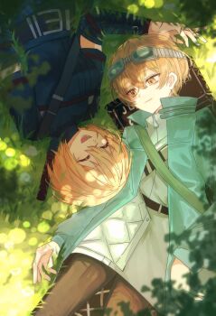 1boy 1girl belt black_belt blonde_hair blue-tinted_eyewear blue_belt blue_coat blue_shirt breasts bridal_gauntlets brown_pants closed_eyes closed_mouth coat commentary commission day devyat&#039;_association_north_uniform don_quixote_(project_moon) english_commentary goggles goggles_on_head grass green_belt hair_between_eyes happy highres jacket leaf limbus_company long_sleeves looking_at_another lying medium_breasts on_back open_clothes open_coat open_mouth outdoors pants project_moon puffy_long_sleeves puffy_sleeves shadow shirt short_hair sinclair_(project_moon) smile teeth tinted_eyewear turtleneck turtleneck_shirt weapon weapon_on_back white-framed_eyewear white_jacket yama_0511 yellow_eyes zipper