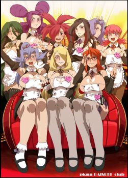 6+girls bad_id bad_pixiv_id bare_shoulders black_hair blonde_hair blush braid breasts bursting_breasts cheryl_(pokemon) clair_(pokemon) cleavage cleavage_cutout closed_eyes clothing_cutout copyright_name cosplay couch crossover cynthia_(pokemon) detached_sleeves dream_c_club dream_c_club_(series) elite_four fantina_(pokemon) flannery_(pokemon) frontier_brain glasses green_hair gym_leader hair_over_one_eye heart heart_cutout huge_breasts jaga_note karen_(pokemon) light_purple_hair long_hair lorelei_(pokemon) lucy_(pokemon) mary_janes multicolored_hair multiple_girls name_tag nintendo open_mouth pantyhose parody pink_eyes pink_hair poke_ball pokemon pokemon_dppt pokemon_gsc pokemon_rgby pokemon_rse ponytail purple_eyes purple_hair quad_tails red_eyes red_hair shoes sitting smile streaked_hair thighhighs twintails very_long_hair whitney_(pokemon) yellow_eyes