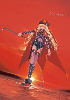 1girl animal_collar bdsm black_socks black_thighhighs bondage bondage_cuffs bondage_outfit bonesaw bound cape closed_mouth collar colorized crowbar dot_nose english_text female_focus flat_chest full_body haimura_kiyotaka hair_over_eyes hammer highres holding holding_crowbar loli looking_at_viewer novel_illustration nun official_art outdoors red_cape sasha_kruschschev saw screwdriver sexually_suggestive socks solo solo_focus strap sunset thighhighs toaru_majutsu_no_index toaru_majutsu_no_index:_old_testament translated