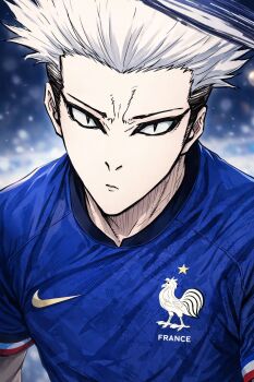 bad_tag black_eyeshadow camus_(blue_lock) eyeshadow football_uniform soccer_uniform sportswear white_hair