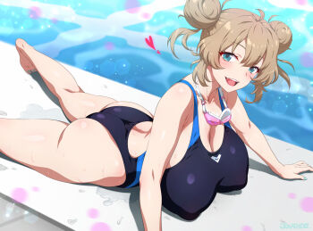 1girl :d aqua_eyes ass bare_arms barefoot black_one-piece_swimsuit blue_nails breasts brown_hair cleavage commentary_request competition_swimsuit covered_erect_nipples day double_bun feet goggles goggles_around_neck gyaru hair_between_eyes hair_bun heart highres huge_breasts joy_ride one-piece_swimsuit open_mouth original outdoors pool poolside sidelocks smile solo swim_goggles swimsuit teeth toes upper_teeth_only wet