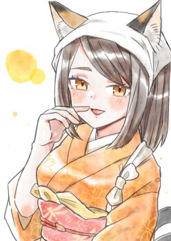 Rule 34 | 1girl, absurdres, animal ear fluff, animal ears, brown hair, cat ears, commentary request, headscarf, highres, japanese clothes, kimono, long hair, looking at viewer, makeup, orange kimono, rune factory, rune factory: guardians of azuma, shi yaba yaba, smile, solo, swept bangs, yachiyo (rune factory), yellow eyes