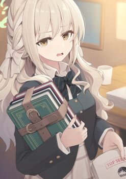 Rule 34 | 1girl, black bow, black bowtie, blonde hair, blue archive, book, bow, bowtie, braid, collared shirt, commentary request, cowboy shot, cup, diagonal-striped bow, diagonal-striped bowtie, diagonal-striped clothes, dual wielding, dutch angle, english text, eyelashes, eyes visible through hair, frown, green halo, green jacket, grey skirt, hair between eyes, hair bow, hair ribbon, halo, highres, holding, holding book, indoors, jacket, long hair, long sleeves, looking at viewer, miyo (blue archive), mug, open book, open mouth, plaid clothes, plaid skirt, ribbon, ribbon braid, school uniform, shirousagi una, shirt, side braid, sidelighting, skirt, solo, striped bow, striped bowtie, striped clothes, table, v-shaped eyebrows, very long hair, wavy hair, white bow, white ribbon, white shirt, yellow eyes