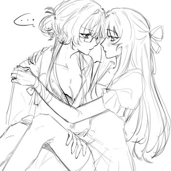 Rule 34 | ..., 2girls, bow, columbina (genshin impact), commentary, genshin impact, glasses, hair bow, hair bun, hand on another's thigh, hashtag-only commentary, highres, long hair, multiple girls, niraname, sandrone (genshin impact), sketch, spoken ellipsis, yuri