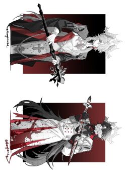 2boys absurdres adapted_costume aheng ahoge alternate_costume black_hair blade_(honkai:_star_rail) blood blood_on_clothes chain covered_mouth cross earrings exif_rotation gloves gradient_background hair_over_one_eye halo halo_behind_head head_wings highres honkai:_star_rail honkai_(series) jewelry long_hair long_sleeves mixed-language_commentary multiple_boys partially_colored sword turtleneck very_long_hair weapon white_hair wings wiping yingxing_(honkai:_star_rail)