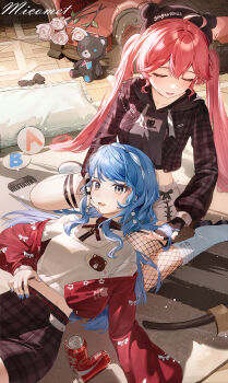 Rule 34 | 2girls, absurdres, ahoge, blue eyes, blue hair, closed eyes, fishnet thighhighs, fishnets, golden axe (weapon), highres, hololive, hoshimachi suisei, hoshimachi suisei (micomet), lap pillow, lying, lying on person, multiple girls, oeuia, official alternate costume, on back, pink hair, sakura miko, sakura miko (micomet), sitting, star (symbol), star in eye, stuffed animal, stuffed toy, symbol in eye, teddy bear, thighhighs, twintails, virtual youtuber, wariza