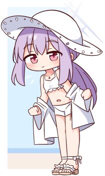 1girl absurdres atsuko_(blue_archive) atsuko_(swimsuit)_(blue_archive) bikini bikini_shorts blue_archive blush brown_sandals closed_mouth commentary_request full_body halo hana_kazari hat highres jacket long_hair long_sleeves looking_at_viewer navel off_shoulder open_clothes open_jacket purple_hair red_eyes sandals shorts smile solo standing swimsuit white_bikini white_hat white_jacket