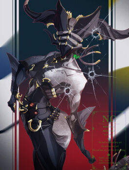 1girl absurdres ass breasts bullet_hole commentary commentary_request helmet highres jojo05_rabbit09 mesa_(warframe) solo warframe