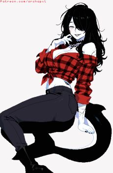 Rule 34 | 1girl, archapxl, arm up, bare shoulders, black boots, black hair, black nails, black pants, boots, breasts, checkered clothes, checkered shirt, cleavage, collarbone, commentary, denim, english commentary, fins, fish tail, grey eyes, hair over one eye, highres, invisible chair, jeans, long hair, medium breasts, messy hair, midriff, navel, off shoulder, original, pale skin, pants, parted lips, patreon username, pixel art, red shirt, shark tail, shirt, simple background, sitting, sleeves rolled up, smile, solo, stomach, tail, white background