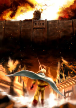 1boy ^^^ bald boots burning burning_building cape city colossal_titan crossover destruction epic fire from_behind from_below giant giant_male giant_monster gloves house kaiju male_focus monochrome monster muscular one-punch_man parody red_gloves saitama_(one-punch_man) scared shingeki_no_kyojin smoke squarevr superhero_costume sweatdrop teeth titan_(shingeki_no_kyojin) white_cape you_gonna_get_raped