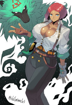 1girl absurdres arrow_(symbol) artist_name blue_eyes breasts brown_gloves chikoinochi cleavage commentary dark-skinned_female dark_skin fingerless_gloves giovanna_(guilty_gear) gloves green_fur guilty_gear guilty_gear_strive high-waist_pants highres large_breasts pants partially_unbuttoned police_badge recycling_symbol red_hair rei_(guilty_gear) short_hair sleeves_pushed_up suspenders twitter_username wolf