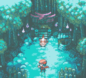 1boy animated animated_gif commentary english_commentary floating_scarf from_above galaxy_expedition_team_survey_corps_uniform hat hisuian_zoroark hisuian_zorua jacket male_focus nintendo outdoors pixel_art pokemon pokemon_(creature) pokemon_legends:_arceus rei_(pokemon) scarf snowing standing tree well zaebucca