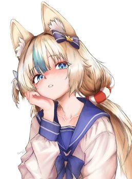 1girl absurdres animal_ear_fluff animal_ears blonde_hair blue_bow blue_eyes blue_hair blunt_bangs blush bow cat_ears commentary english_commentary eyebrows_hidden_by_hair fish_girl hair_bow hand_on_own_cheek hand_on_own_face highres indie_virtual_youtuber lifebuoy_hair_ornament long_hair looking_at_viewer low_twintails multicolored_hair neckerchief one_side_up pennylessmac sailor_collar sameko_saba school_uniform serafuku simple_background solo streaked_hair twintails upper_body very_long_hair virtual_youtuber white_background white_hair white_serafuku