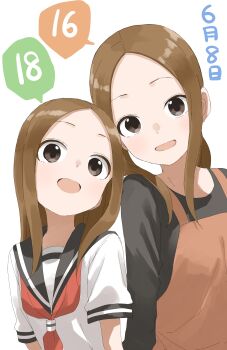 Rule 34 | 2girls, absurdres, black sailor collar, black shirt, brown hair, commentary request, dual persona, forehead, highres, karakai jouzu no (moto) takagi-san, karakai jouzu no takagi-san, looking at viewer, multiple girls, neckerchief, aged up, open mouth, red neckerchief, sailor collar, school uniform, serafuku, shirt, short sleeves, sidelocks, simple background, takagi-san, time paradox, upper body, white background, yamamoto souichirou