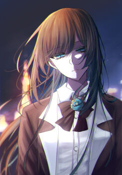 1girl ado_(utaite) black_bow black_bowtie black_hair blue_eyes blurry blurry_background bow bowtie chando_(ado) closed_mouth collared_shirt commentary dress_shirt highres long_hair shirt shoko_(gs_music11) solo tokyo_tower upper_body utaite white_shirt