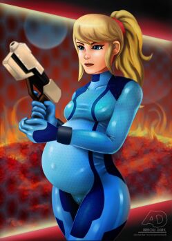 1girl arrowdark blonde_hair blonde_ponytail blue_eyes blue_jumpsuit gun hairband highres holding holding_gun holding_weapon jumpsuit lava metroid nintendo outer_space ponytail pregnant red_hairband samus_aran science_fiction solo space spaceship sun weapon zero_suit