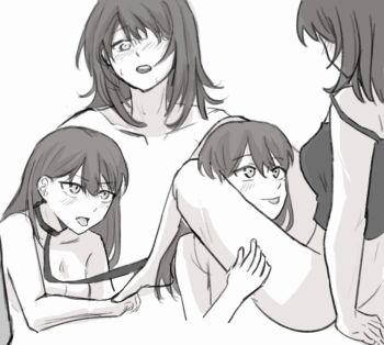 2girls bang_dream! bang_dream!_it&#039;s_mygo!!!!! between_legs blush bottomless breasts camisole cleavage commentary frost_(arash3desu) greyscale large_breasts leash leg_lock monochrome multiple_girls open_mouth shiina_taki smile strap_slip sweat symbol-only_commentary tongue tongue_out yahata_umiri yuri