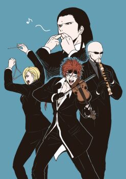 1girl 3boys aqua_background asymmetrical_bangs bald bindi black_gloves black_hair black_suit blonde_hair brown_eyes clarinet elena_(ff7) facial_hair facial_mark final_fantasy final_fantasy_vii final_fantasy_vii_remake fingerless_gloves flute formal_clothes glasses gloves goatee goggles goggles_on_head grey_shirt igusaharu instrument long_hair low_ponytail lower_teeth_only multiple_boys music musical_note necktie open_clothes open_mouth open_shirt playing_instrument ponytail recorder red_hair reno_(ff7) rude_(ff7) shirt short_hair sideburns spiked_hair square_enix suit teeth triangle tseng turks_(ff7) upper_body upper_teeth_only violin whistling white_shirt