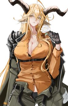 absurdres animal_ears arknights armor asymmetrical_sidelocks black_gloves black_panties blonde_hair brown_horns coat commentary_request degenbrecher_(arknights) flower gloves goat_ears goat_girl goat_horns green_jacket green_pants highres horns jacket madana_gege military_jacket open_clothes open_coat open_jacket open_pajamas open_shirt orange_shirt pajamas panties pants pauldrons rose shirt shoulder_armor sidelocks single_pauldron underwear wallet_chain white_flower white_rose