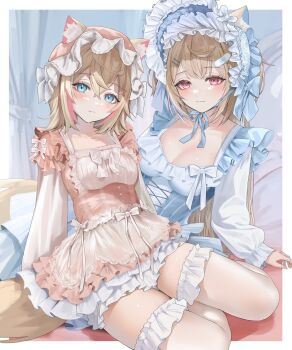 Rule 34 | 2girls, alternate costume, animal ear fluff, animal ears, bandaid, bandaid hair ornament, blonde hair, blue dress, blue eyes, blue hair, blush, bonnet, border, bow, breasts, cleavage, closed mouth, commentary, corset, cross-laced clothes, cross-laced corset, crossed bangs, dog ears, dog girl, dog tail, double-parted bangs, dress, ears through headwear, framed breasts, frilled bonnet, frilled dress, frilled thighhighs, frills, fuwawa abyssgard, hair ornament, hairclip, hat, highres, hololive, hololive english, karanashi noma, layered dress, layered sleeves, lolita fashion, long hair, long sleeves, looking at viewer, medium breasts, medium hair, mob cap, mococo abyssgard, multicolored hair, multiple girls, outside border, parallel hairclips, pink dress, pink eyes, pink hair, short over long sleeves, short sleeves, siblings, sisters, sitting, small breasts, streaked hair, tail, thighhighs, twins, virtual youtuber, white border, x hair ornament, yokozuwari