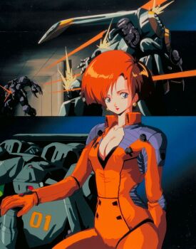1980s_(style) 1girl anime_coloring armor artist_request battle big_hair blue_eyes breasts cleavage cyberpunk earrings firing gloves highres jewelry kusumoto_elle lipstick looking_at_viewer madox-01 makeup mecha mecha_pilot_suit medium_breasts metal_skin_panic_madox-01 official_art oldschool orange_hair partially_unzipped power_armor retro_artstyle ricocheting robot science_fiction short_hair split_screen sports_bra_peek third-party_source very_short_hair
