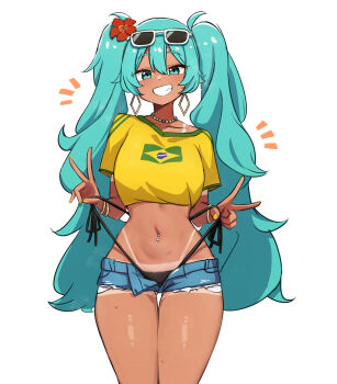 1girl absurdres aqua_eyes aqua_hair blush brazilian_flag brazilian_flag_print brazilian_miku breasts collarbone cowboy_shot crop_top double_v earrings female_pubic_hair flag_print g-string gluteal_fold grin hatsune_miku highres jewelry long_hair looking_at_viewer medium_breasts micro_shorts mochitsuki_karen navel_piercing panties panty_pull piercing pubic_hair pubic_hair_peek shorts side-tie_panties smile solo tan tanline thigh_gap thong twintails underwear v very_long_hair vocaloid