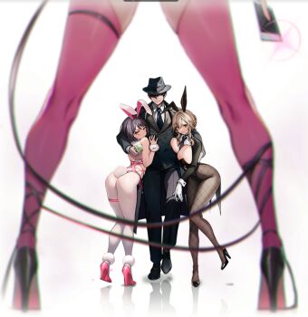 ade_(agent_bunny)_(nikke) ade_(nikke) animal_ear_hairband animal_ears black_leotard black_necktie blonde_hair blurry braid breasts bun_with_braided_base coat cocktail_glass commander_(nikke) cup depth_of_field drinking_glass fake_animal_ears fishnet_pantyhose fishnets formal_clothes game_cg gloves goddess_of_victory:_nikke grey_hair hair_between_eyes hairband high_heels highres hug jam_(nandade) large_breasts leotard milk_(blooming_bunny)_(nikke) milk_(nikke) movie_reference necktie official_alternate_costume official_art pantyhose pink_leotard playboy_bunny rabbit_ear_hairband rabbit_ears rabbit_tail suit tail trench_coat velvet_(nikke) white_gloves white_pantyhose