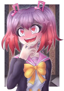 1girl absurdres bow danganronpa_another fortissimo hair_ornament heart heart_in_eye highres jacket medium_hair musical_note musical_note_hair_ornament otonokoji_kanade pink_hair sailor_collar smile solo super_danganronpa_another_2 symbol_in_eye tabii twintails upper_body yellow_bow