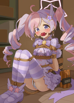 1girl arms_behind_back ball_gag bdsm blue_archive blush bomb bondage bound bound_ankles bound_arms bound_legs bound_torso bound_wrists breast_bondage commentary_request crying crying_with_eyes_open drill_hair drooling dynamite explosive gag gagged gloves hair_ornament halo magical_girl miniskirt mukanata multicolored_hair panties peril pink_hair puffy_short_sleeves puffy_sleeves purple_eyes purple_hair reisa_(blue_archive) reisa_(magical)_(blue_archive) restrained rope saliva shibari shibari_over_clothes shoes short_sleeves skirt star_(symbol) star_halo striped_clothes striped_thighhighs tears thighhighs tied_to_stake time_bomb twin_drills twintails two-tone_hair underwear white_gloves white_panties wiffle_gag wing_hair_ornament winged_shoes wings
