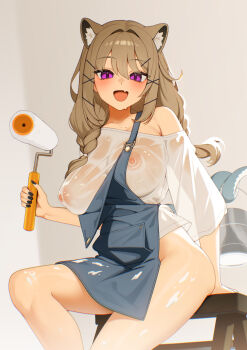 1girl apron arknights blue_apron bottomless breasts brown_hair ett fang female_focus hair_ornament holding_paint_roller large_breasts long_hair looking_at_viewer nipples open_mouth paint_roller purple_eyes see-through_clothes see-through_shirt shirt sitting skin_fang solo utage_(arknights) wet wet_clothes wet_shirt x_hair_ornament