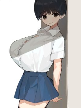 1girl against_wall bfmelu black_hair blue_skirt breasts brown_eyes button_gap closed_mouth collared_shirt commentary_request cowboy_shot dress_shirt highres huge_breasts miniskirt original pleated_skirt shirt shirt_tucked_in short_hair short_sleeves skirt smile solo standing white_shirt