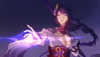 1girl absurdres aina_(mayexplode) arm_up blunt_bangs braid breasts cleavage closed_mouth genshin_impact hair_flowing_over hair_ornament highres japanese_clothes long_hair looking_at_viewer mitsudomoe_(shape) mole mole_under_eye neck_ribbon off_shoulder purple_background purple_eyes purple_hair raiden_shogun ribbon simple_background single_braid solo standing tomoe_(symbol)