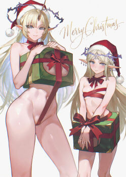 2girls absurdres blonde_hair blue_eyes blue_hair blush box breasts breasts_in_a_box cartethyia_(wuthering_waves) chromatic_aberration closed_mouth colored_inner_hair commentary crown_of_thorns dual_persona earrings film_grain fleurdelys_(wuthering_waves) floating_earrings gift gift_box grey_background hat height_difference highres horns jewelry kryp132 large_breasts long_hair long_horns looking_at_viewer medium_breasts merry_christmas multicolored_hair multiple_earrings multiple_girls navel nude parted_bangs pointy_ears santa_hat sidelocks single_horn smile stomach tacet_mark_(wuthering_waves) thighs very_long_hair wuthering_waves yellow_horns