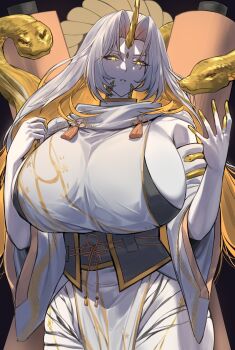 1girl blonde_hair breasts colored_inner_hair commentary curvy facial_mark fire_emblem fire_emblem_heroes gigantic_breasts grey_hair gullveig_(fire_emblem) gullveig_(hidden_in_time)_(fire_emblem) highres horns long_hair multicolored_hair ninja nintendo official_alternate_costume pale_skin shou_illust sideboob single_horn snake snake_hair solo thick_thighs thighs very_long_hair wide_hips yellow_eyes yellow_horns