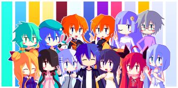 1boy 6+girls absurdres ahoge aqua_hat black_hair blonde_hair blue_hair bow closed_eyes date_a_live double_bun dress everyone eyepatch flower galaxia_(xxgalaxia1xx) glasses green_hair grey_hair hair_bow hair_bun hair_flower hair_ornament hair_ribbon hat highres himekawa_yoshino honjou_nia hoshimiya_mukuro itsuka_kotori itsuka_shido izayoi_miku jacket kyouno_natsumi long_hair long_sleeves looking_at_viewer multiple_girls one_eye_closed open_clothes open_jacket open_mouth orange_hair purple_hair red_hair ribbon shirt short_hair siblings smile takamiya_mio tobiichi_origami tokisaki_kurumi twins twintails v white_dress white_hair white_shirt yamai_kaguya yamai_yuzuru yatogami_tohka yoshinon