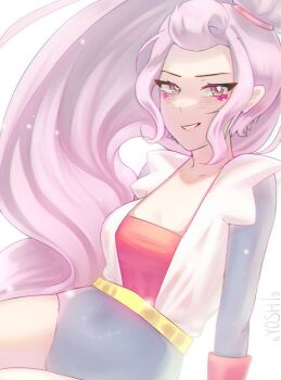 1girl 66yoshi99 brawl_stars gloves highres jacket janet_(brawl_stars) long_sleeves looking_at_viewer non-web_source pink_hair ponytail red_gloves red_shirt shirt short_shorts shorts smile solo white_jacket
