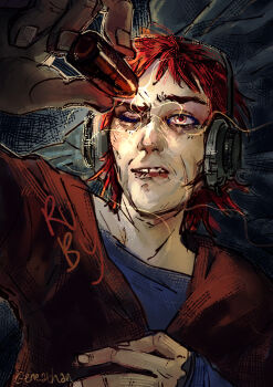 Rule 34 | 1girl, aegyo sal, blue shirt, bullet, character name, disco elysium, hand up, headphones, highres, holding, holding bullet, jacket, one eye closed, raised eyebrow, red eyes, red hair, red jacket, ruby (disco elysium), shirt, short hair, solo, tooth gap, trainwreckgenerator, upper body