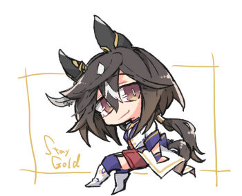 1girl animal_ears beer_hsk black_hair blue_thighhighs boots brown_eyes character_name chibi closed_mouth commentary_request full_body garter_straps hair_between_eyes horse_ears horse_girl horse_tail jacket low_ponytail multicolored_hair ponytail red_shorts shorts sitting smile solo starting_future_(umamusume) stay_gold_(umamusume) streaked_hair tail thighhighs thighhighs_under_boots umamusume white_background white_boots white_hair white_jacket wrist_cuffs